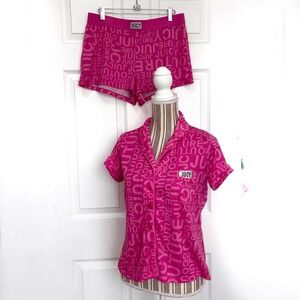 Juicy Couture pajama set Women's medium Pink Logo Shorts Button up feminine Cute